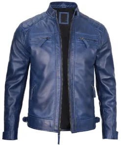 mens blue wax biker jacket