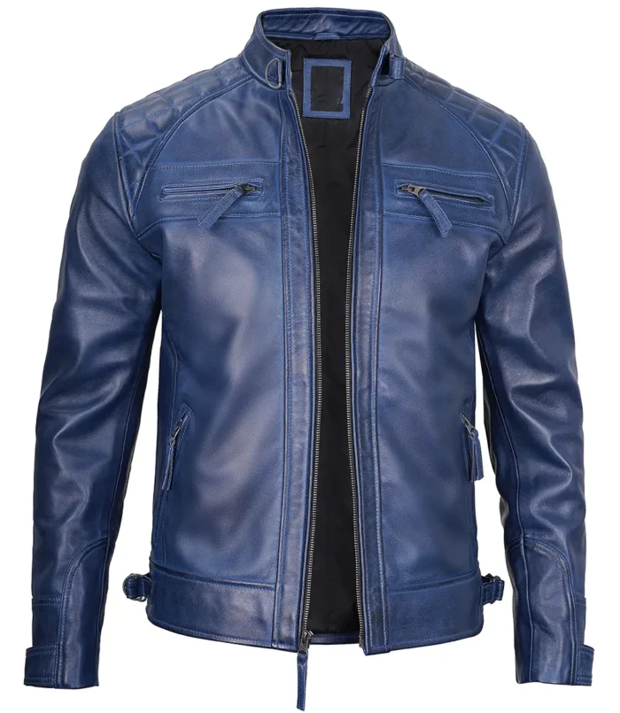 mens blue wax biker jacket