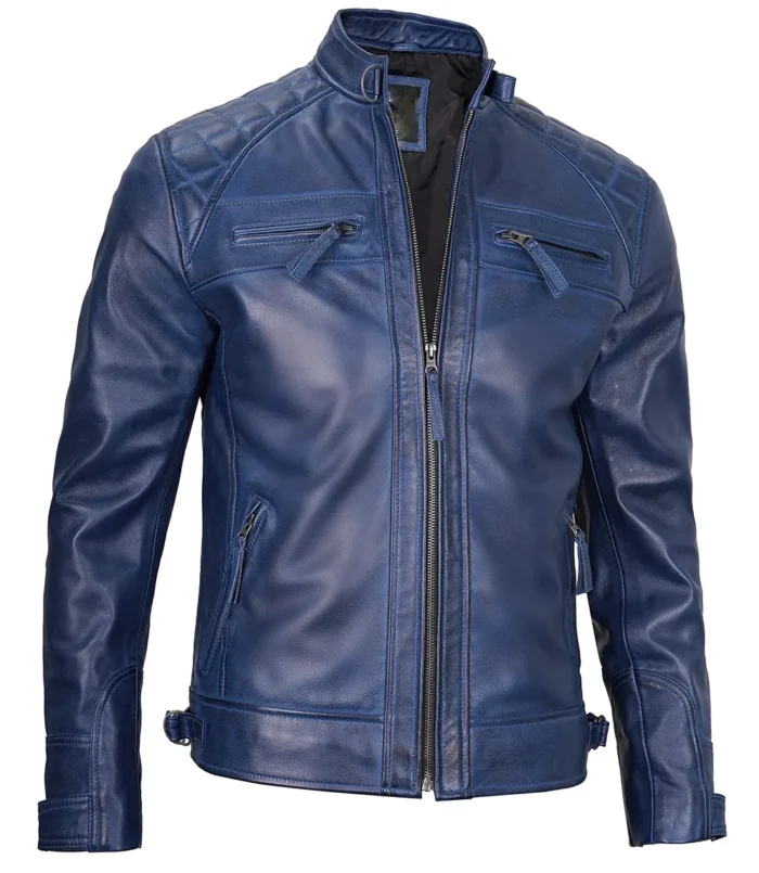 mens cafe racer leather jacket blue