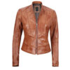 Amy Women Tan Cafe Racer Slim Fit Brown Leather Jacket