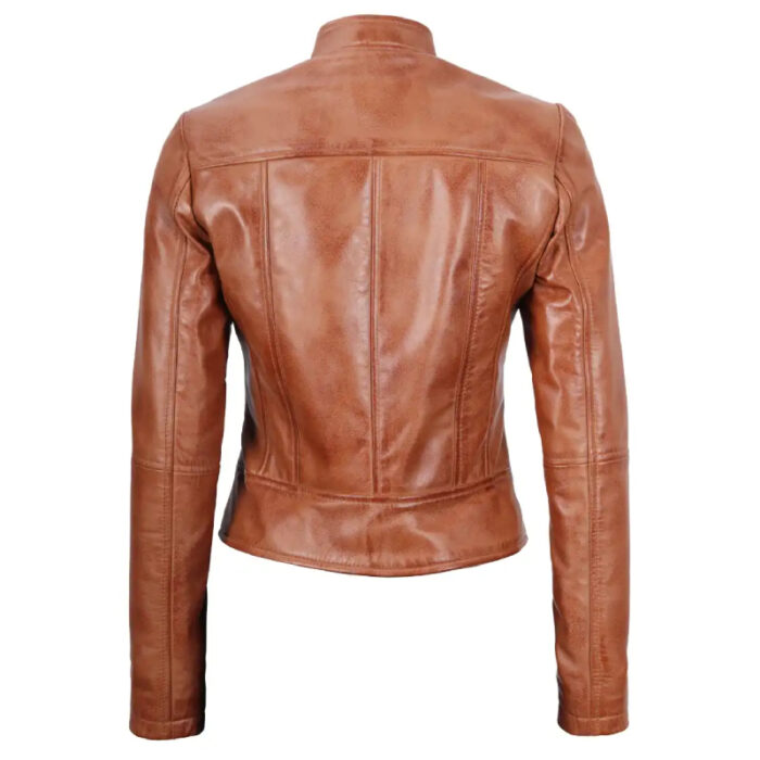 Amy Women Tan Cafe Racer Slim Fit Leather Jacket