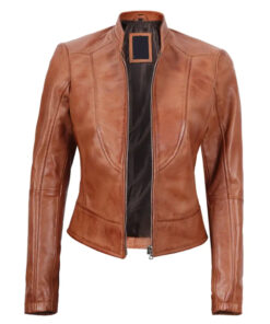 Amy Women's Tan Cafe Racer Slim Fit Leather Jacket