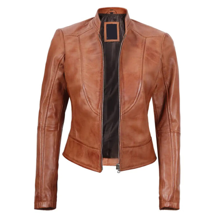 Amy Women's Tan Cafe Racer Slim Fit Leather Jacket