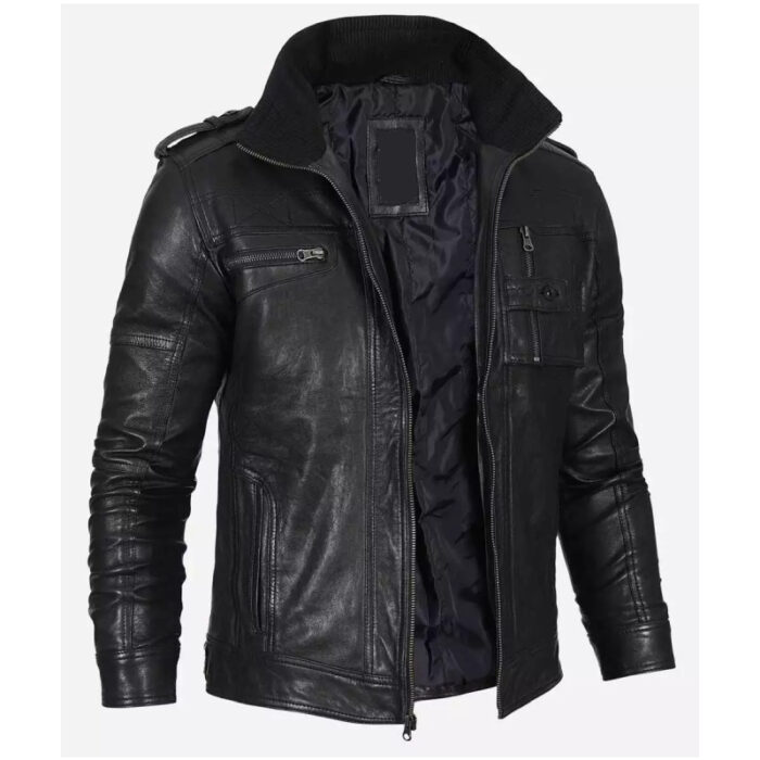 Men Black Washed Leather Biker Jacket