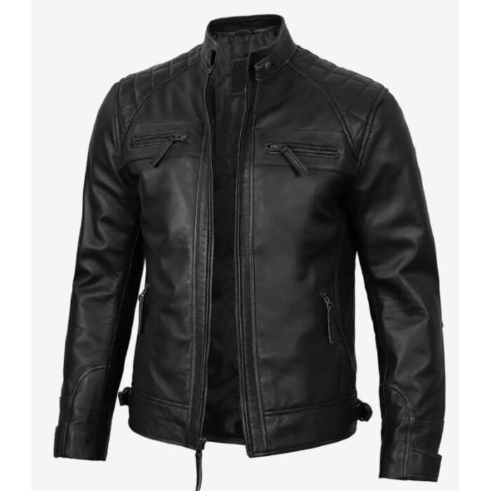 Men Quilted Shoulder Black Cafe Racer Leather Jacket