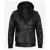 Mens Black Real Leather Bomber Jacket With Removable Hood