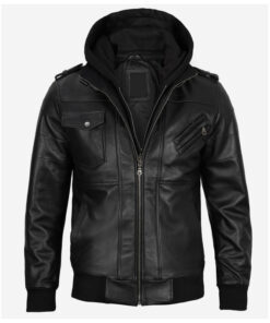 Mens Black Real Leather Bomber Jacket With Removable Hood