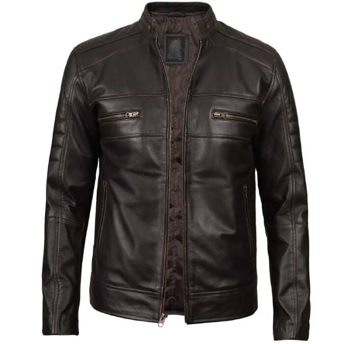 Men's Distressed Dark Brown Cafe Racer Real Leather Jacket