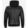 Mens Leather Black Bomber Jacket With Removable Hood