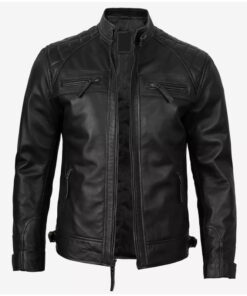 Men's Quilted Shoulder Black Cafe Racer Jacket