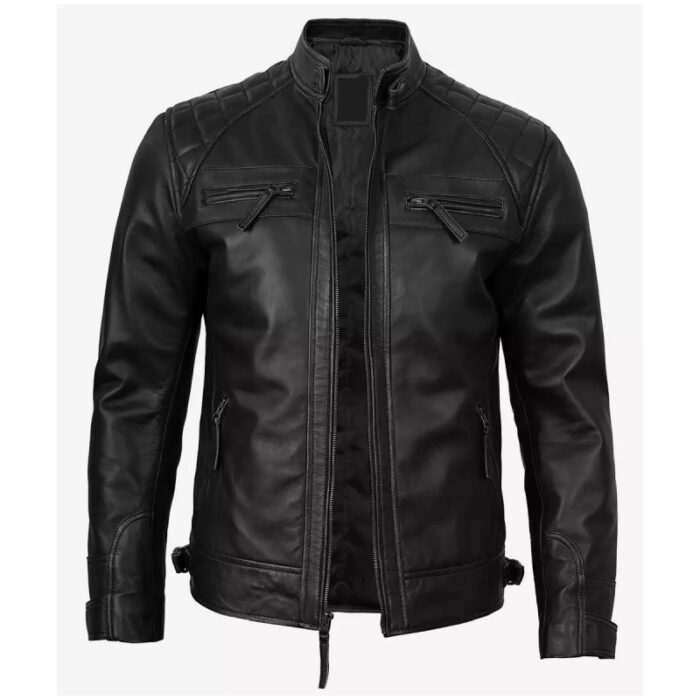 Men's Quilted Shoulder Black Cafe Racer Jacket