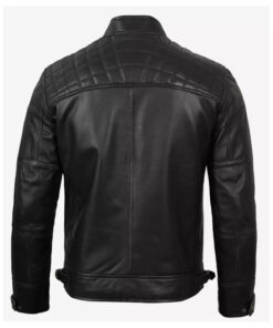 Men's Quilted Shoulder Black Cafe Racer Leather Jacket