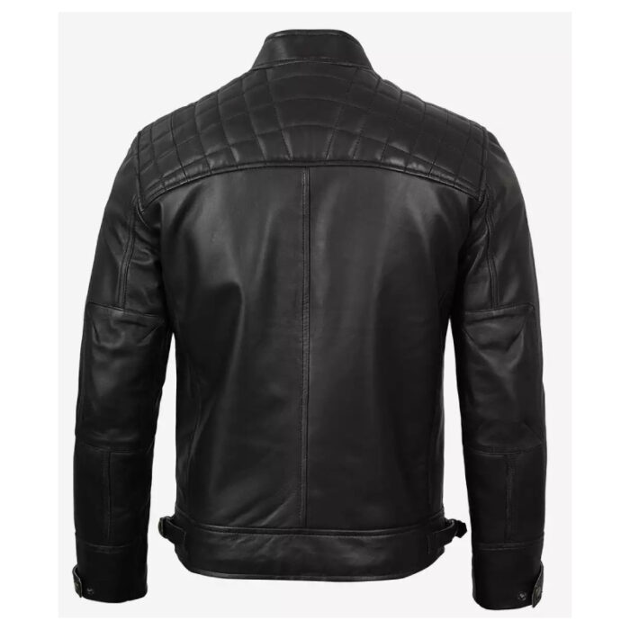 Men's Quilted Shoulder Black Cafe Racer Leather Jacket