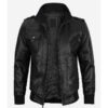 Mens Real Leather Black Bomber Jacket With Removable Hood