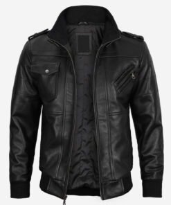 Mens Real Leather Black Bomber Jacket With Removable Hood