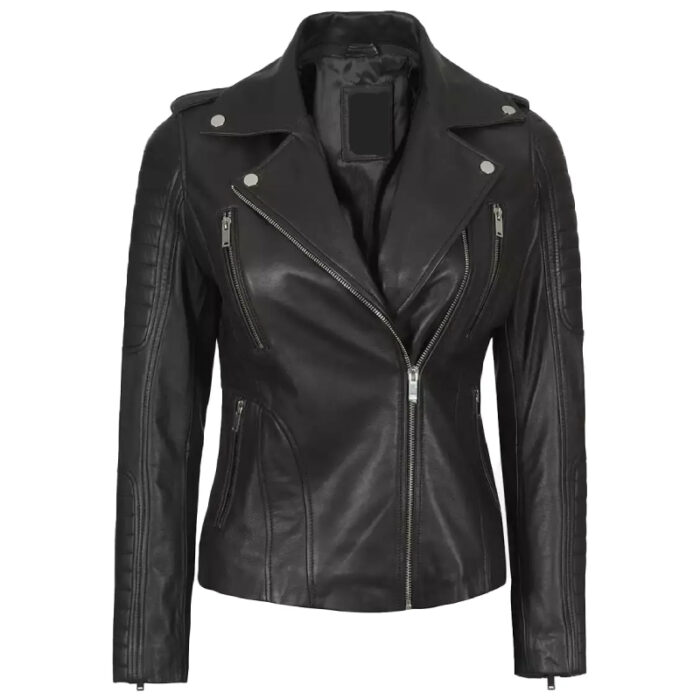 Removable Hooded Women Black Leather Real Jacket