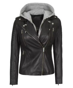 Removable Hooded Women Black Real Leather Jacket