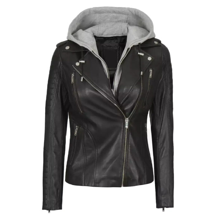 Removable Hooded Women Black Real Leather Jacket