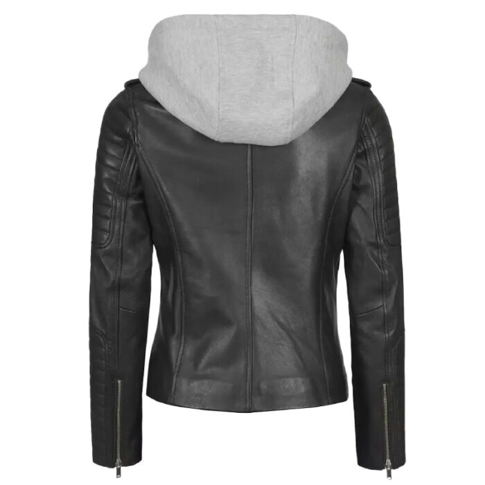 Removable Hooded Womens Black Leather Real Jacket