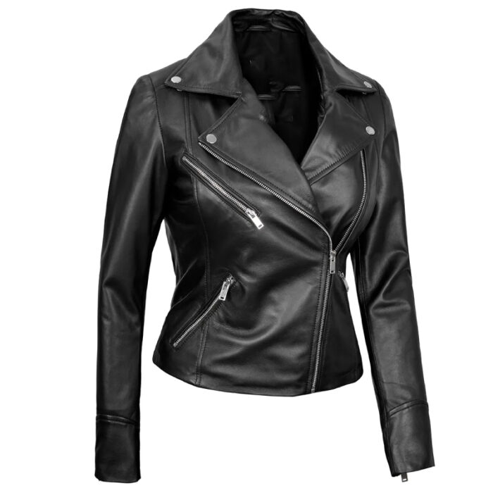 Women Asymmetrical Real Black Leather Motorcycle Jacket