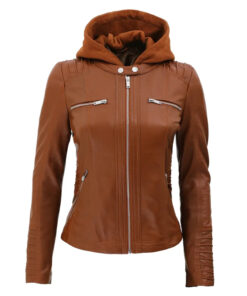 Women Cognac Slim Fit Leather Jacket With Removable Hood