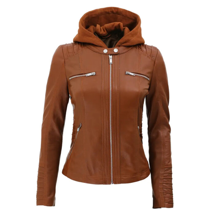 Women Cognac Slim Fit Leather Jacket With Removable Hood