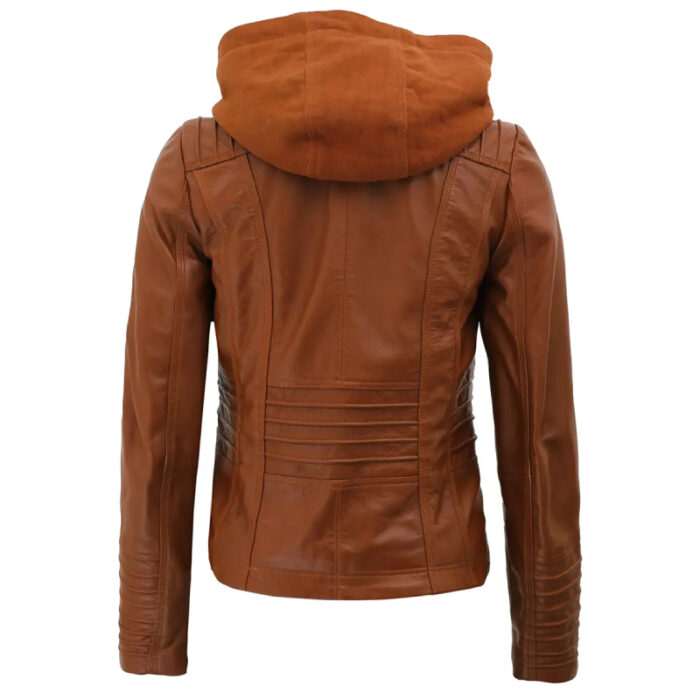 Women Cognac Slim Fit Leather Removable Hood Jacket