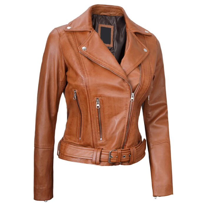 Women Light Brown Asymmetrical Leather Biker Jacket