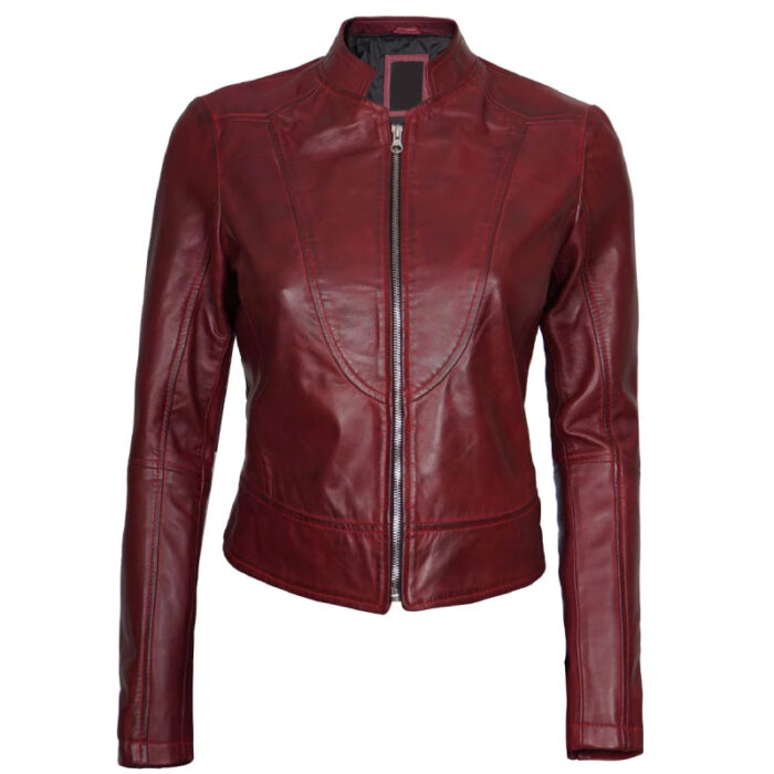 Women Maroon Cafe Racer Leather Jacket