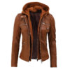 Women's Cognac Slim Fit Leather Jacket With Removable Hood