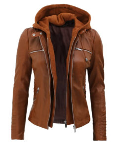 Women's Cognac Slim Fit Leather Jacket With Removable Hood