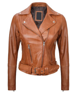 Women's Light Brown Asymmetrical Leather Biker Jacket