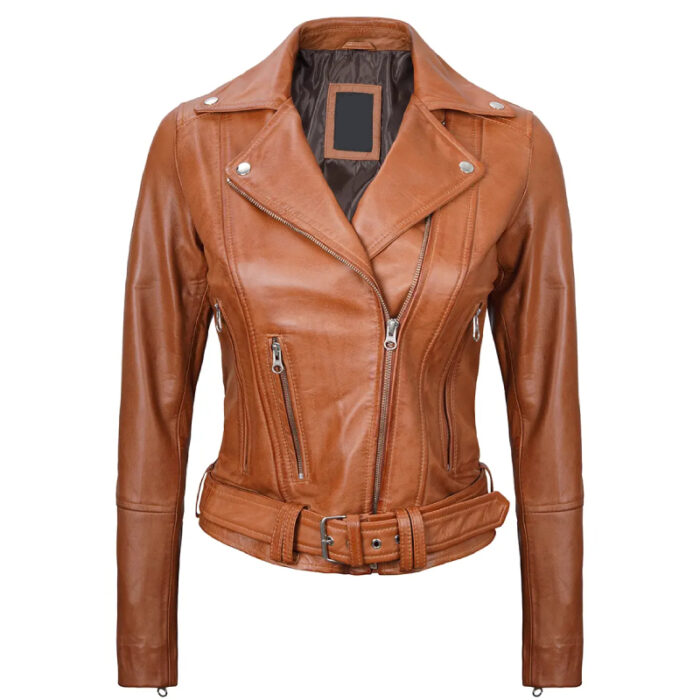 Women's Light Brown Asymmetrical Leather Biker Jacket