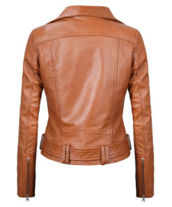 Women's Light Brown Asymmetrical Leather Biker Jacket - Belted