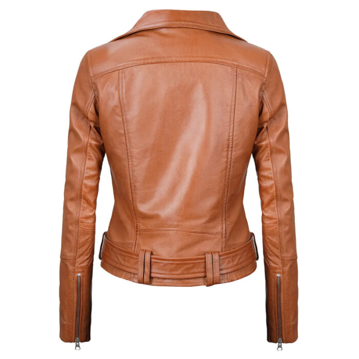 Women's Light Brown Asymmetrical Leather Biker Jacket - Belted