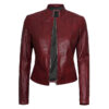 Women's Maroon Cafe Racer Leather Jacket