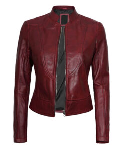 Women's Maroon Cafe Racer Leather Jacket