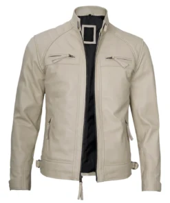 beige cafe race leather jacket