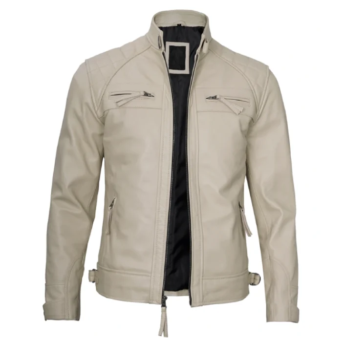 beige cafe race leather jacket