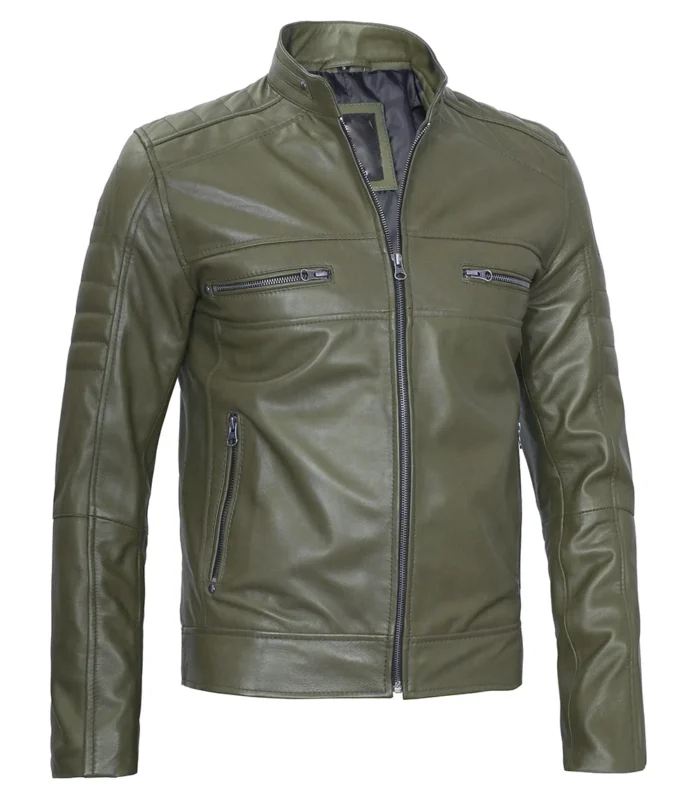 mens cafe racer dark green real leather jacket