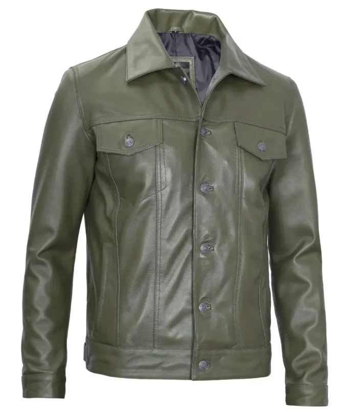 mens green trucker leather jacket