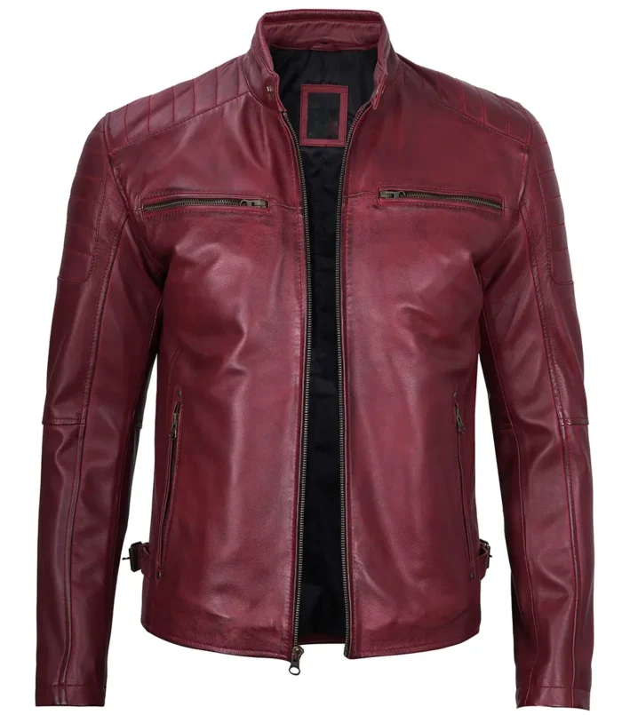 mens maroon cafe racer leather jacket