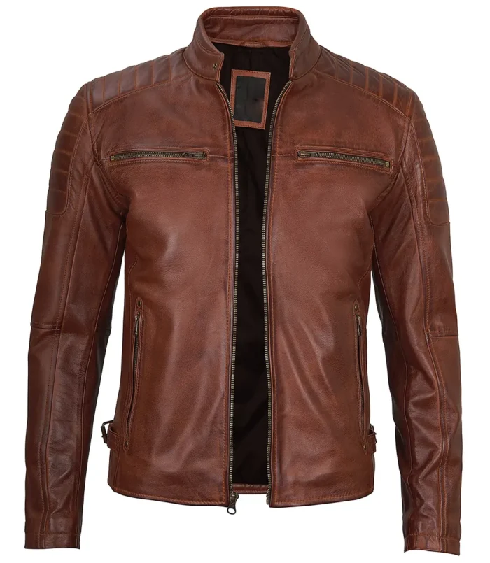 mens leather jacket cafe racer brown