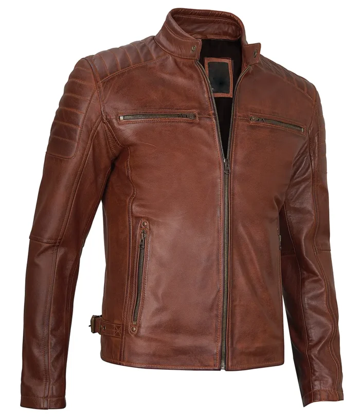 mens cognac brown cafe racer jacket