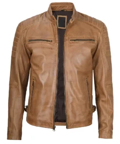 camel brown real cafe racer leather jacket