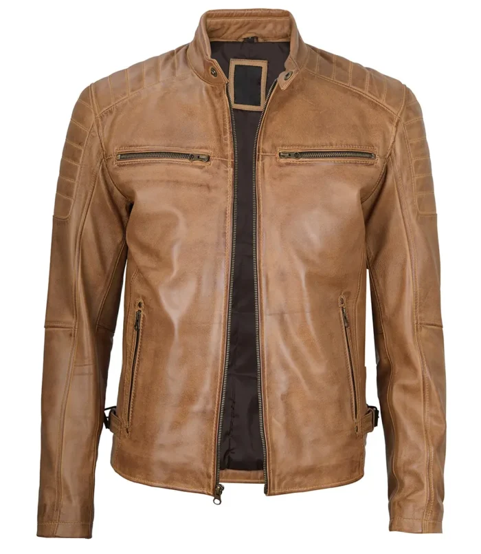 camel brown real cafe racer leather jacket