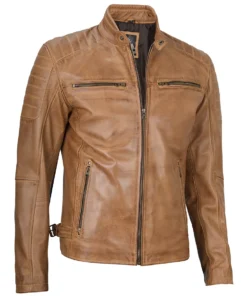 camel brown cafe racer leather jacket