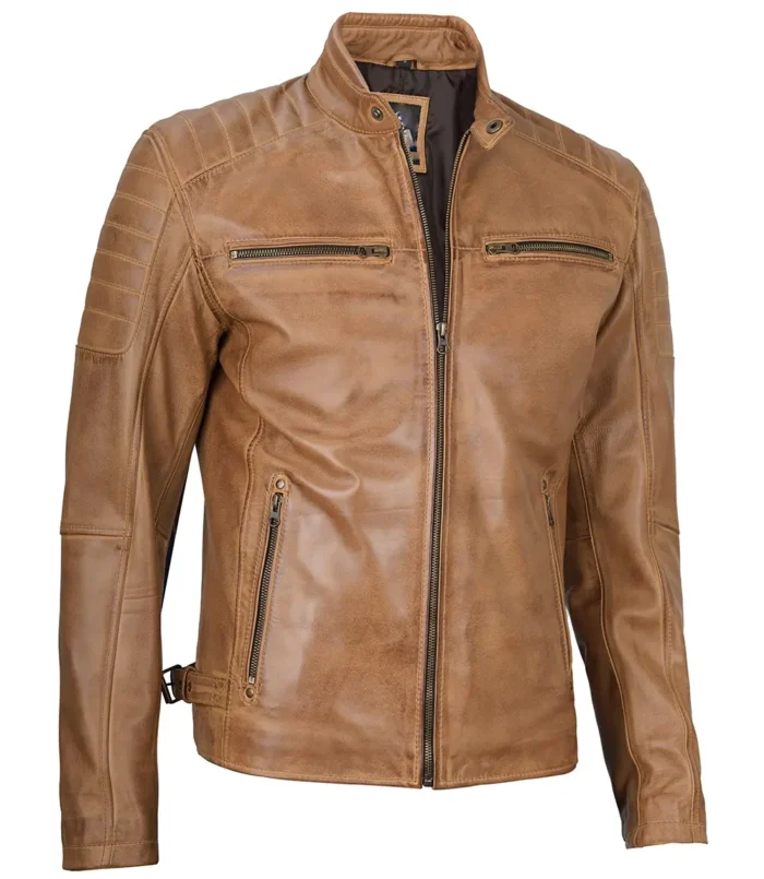 camel brown cafe racer leather jacket