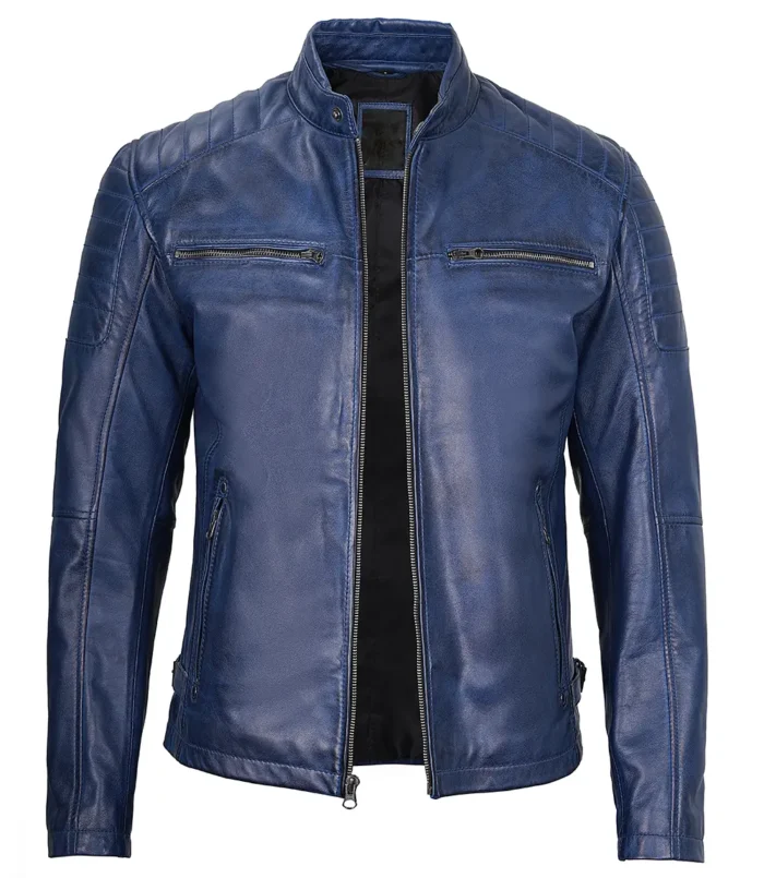 mens blue leather jacket