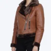 Women's Asymmetrical Cognac Brown Shearling Leather Jacket